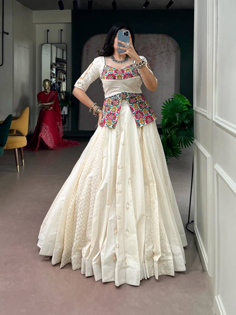 off white cotton poly plain traditional lehenga choli upto 42