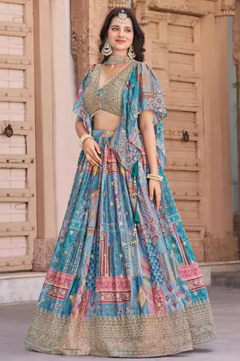 sky blue silk blend embroidered traditional lehenga choli upto 43
