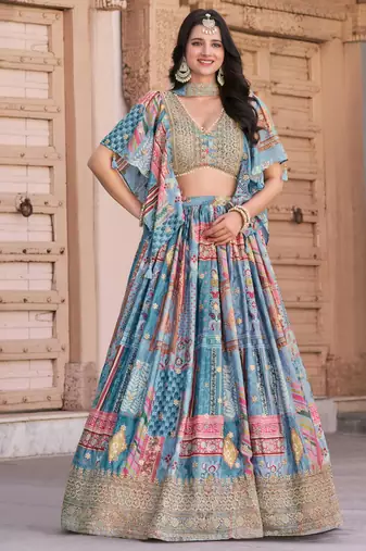sky blue silk blend embroidered traditional lehenga choli upto 43