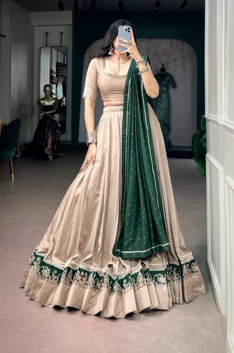 beige chanderi embroidered traditional lehenga choli upto 42