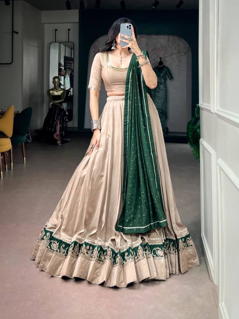 beige chanderi embroidered traditional lehenga choli upto 42