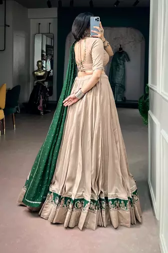 beige chanderi embroidered traditional lehenga choli upto 42