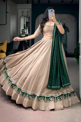 beige chanderi embroidered traditional lehenga choli upto 42