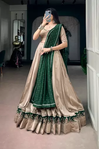 beige chanderi embroidered traditional lehenga choli upto 42