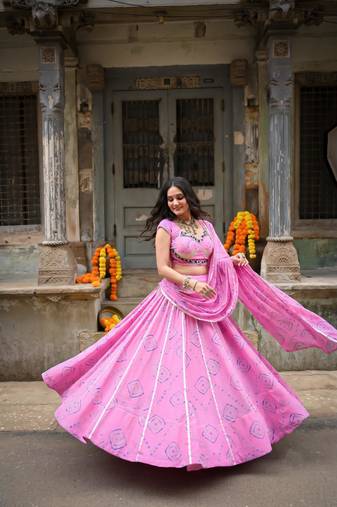 pink cotton poly printed traditional lehenga choli upto 42