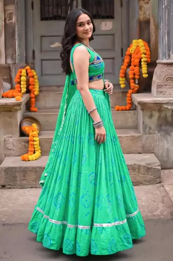 green cotton poly printed traditional lehenga choli upto 42