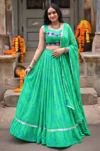 green cotton poly printed traditional lehenga choli upto 42