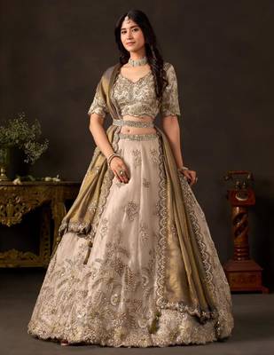 champagne silk blend embroidered traditional lehenga choli upto 43 1