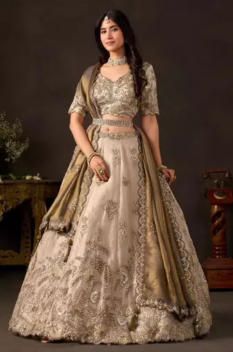 champagne silk blend embroidered traditional lehenga choli upto 43