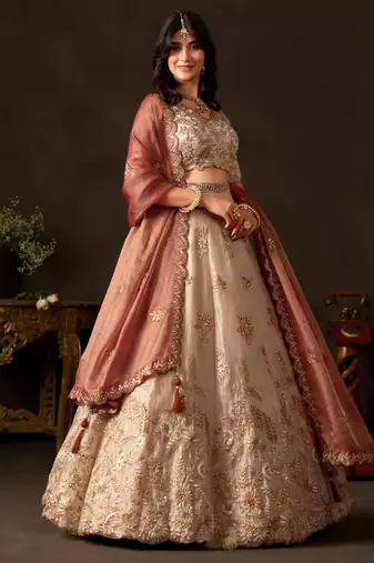 champagne silk blend embroidered traditional lehenga choli upto 43