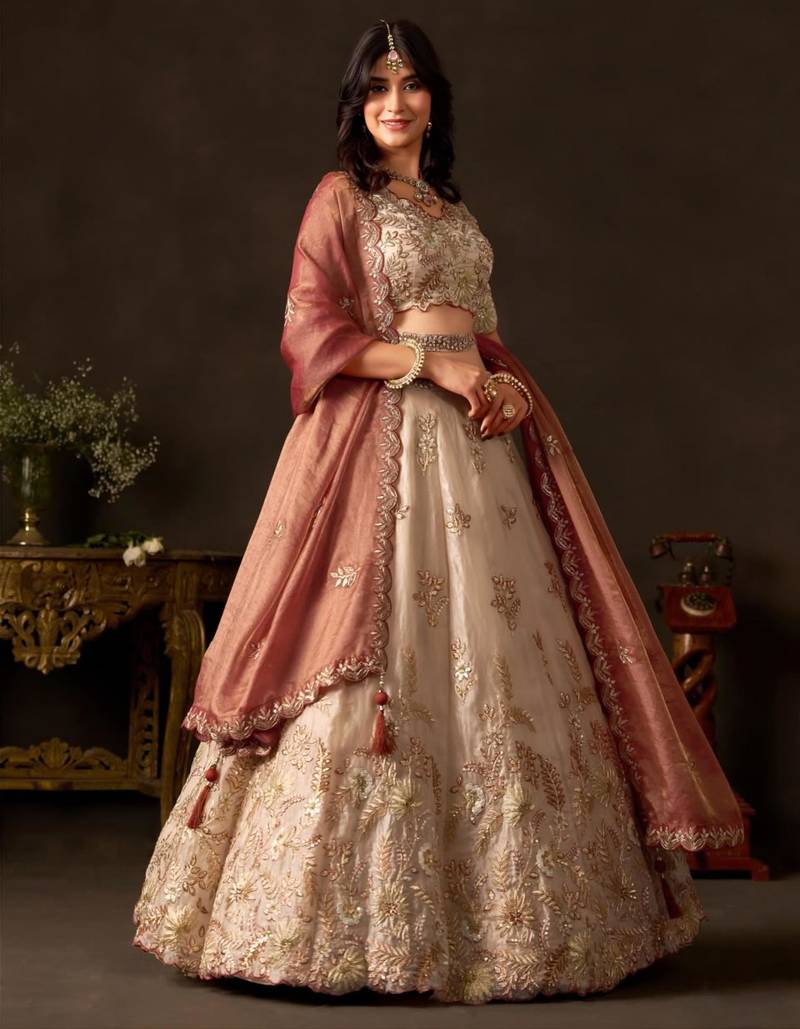 champagne silk blend embroidered traditional lehenga choli upto 43