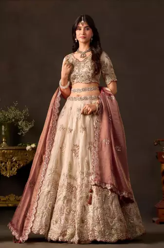 champagne silk blend embroidered traditional lehenga choli upto 43