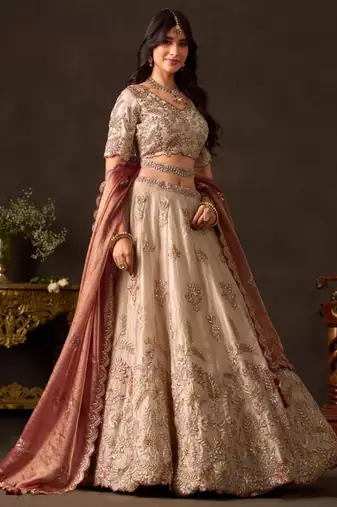 champagne silk blend embroidered traditional lehenga choli upto 43