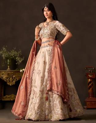 champagne silk blend embroidered traditional lehenga choli upto 43 4