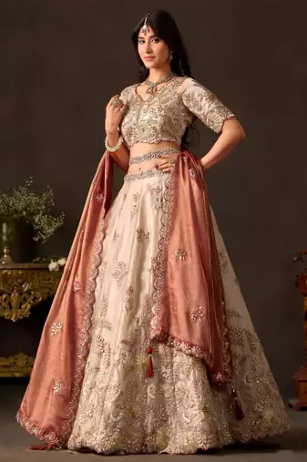 champagne silk blend embroidered traditional lehenga choli upto 43