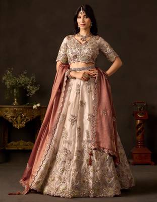 champagne silk blend embroidered traditional lehenga choli upto 43 5