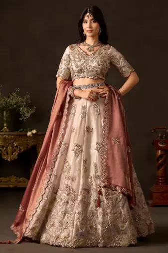 champagne silk blend embroidered traditional lehenga choli upto 43