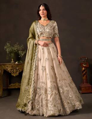 champagne silk blend embroidered traditional lehenga choli upto 43 2