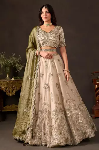champagne silk blend embroidered traditional lehenga choli upto 43