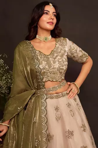 champagne silk blend embroidered traditional lehenga choli upto 43