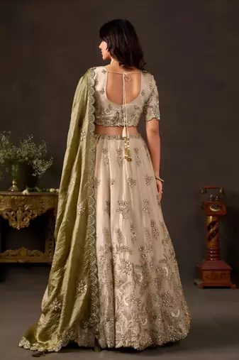 champagne silk blend embroidered traditional lehenga choli upto 43
