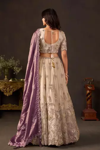 champagne silk blend embroidered traditional lehenga choli upto 43