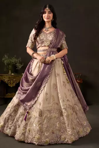 champagne silk blend embroidered traditional lehenga choli upto 43