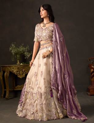 champagne silk blend embroidered traditional lehenga choli upto 43 4