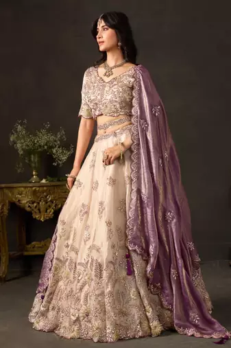 champagne silk blend embroidered traditional lehenga choli upto 43