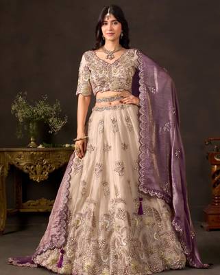 champagne silk blend embroidered traditional lehenga choli upto 43 5