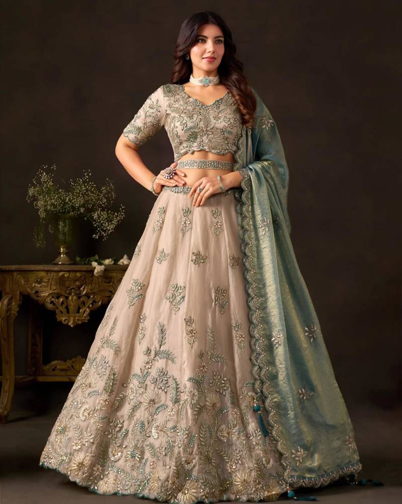 champagne silk blend embroidered traditional lehenga choli upto 43