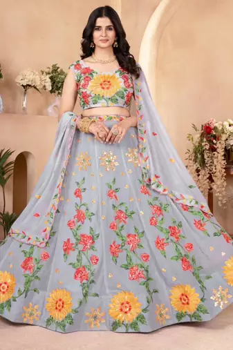 grey faux georgette embroidered traditional lehenga choli upto 42