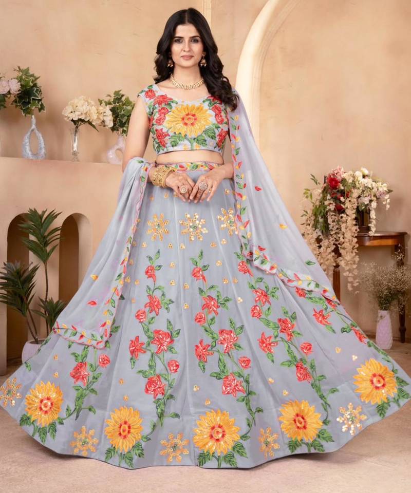 grey faux georgette embroidered traditional lehenga choli upto 42