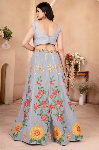 grey faux georgette embroidered traditional lehenga choli upto 42