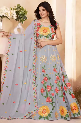 grey faux georgette embroidered traditional lehenga choli upto 42