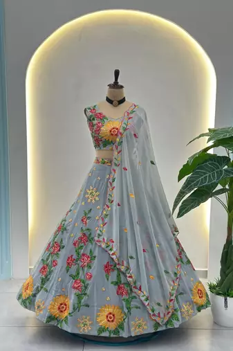grey faux georgette embroidered traditional lehenga choli upto 42