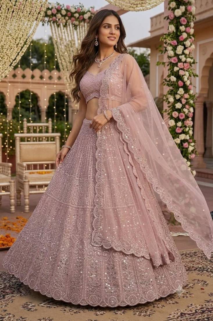 onion pink faux georgette embroidered traditional lehenga choli upto 42