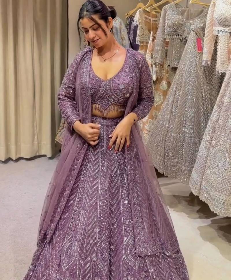 lavender net embroidered traditional lehenga choli upto 42