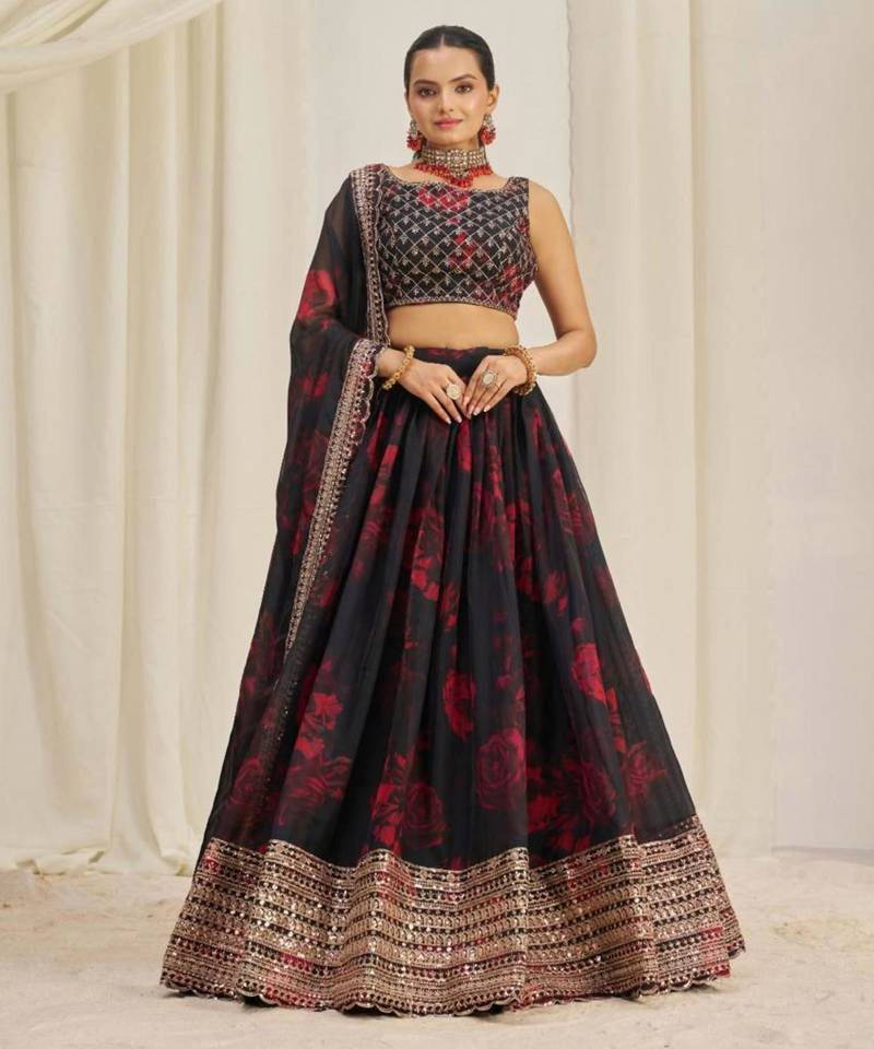 black organza embroidered traditional lehenga choli