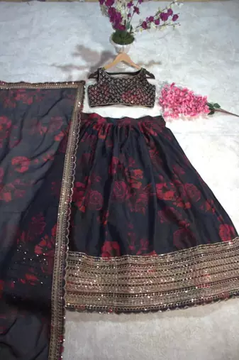 black organza embroidered traditional lehenga choli