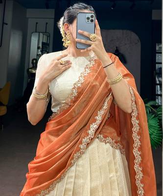 off white jacquard woven traditional lehenga choli 4