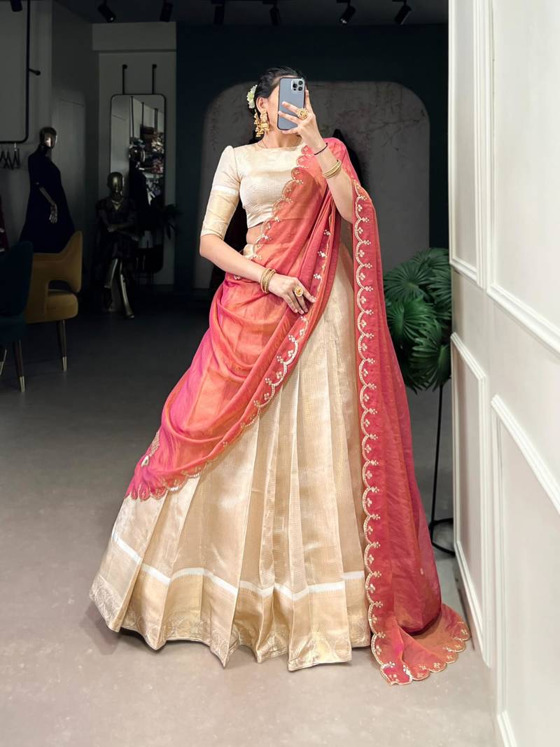 off white jacquard woven traditional lehenga choli