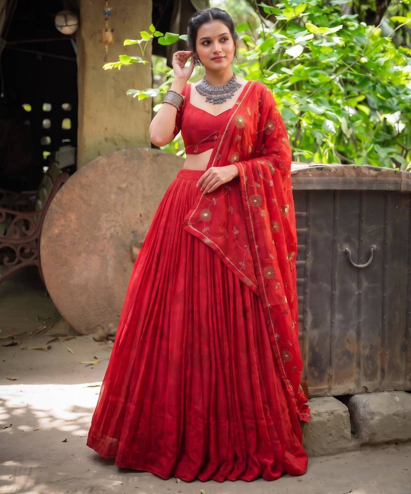 red georgette embroidered fashion lehenga choli upto 42