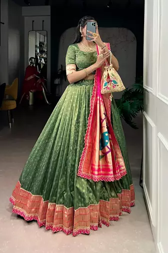 olive organza woven traditional lehenga choli