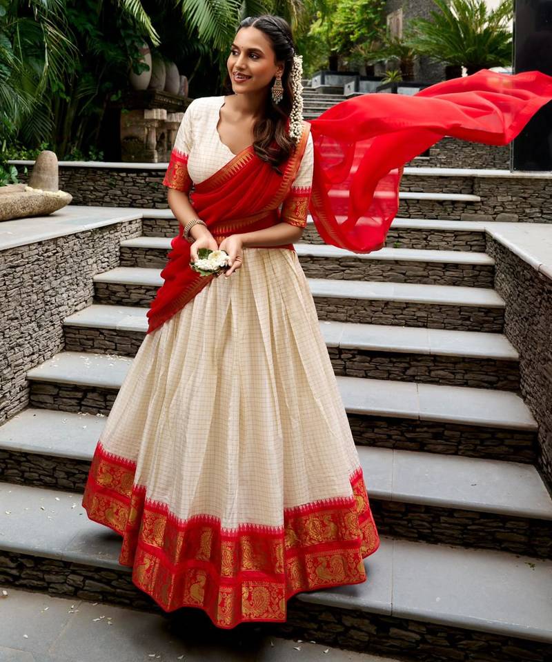 cream cotton poly woven traditional lehenga choli