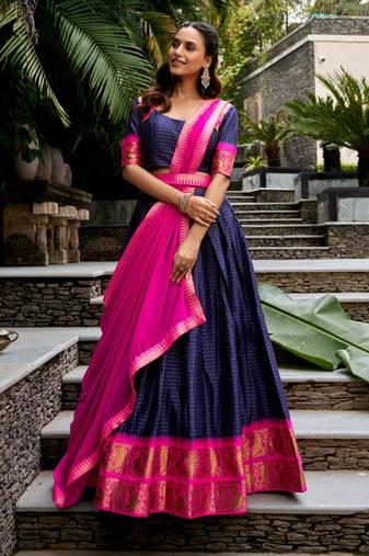 navy blue cotton poly woven traditional lehenga choli