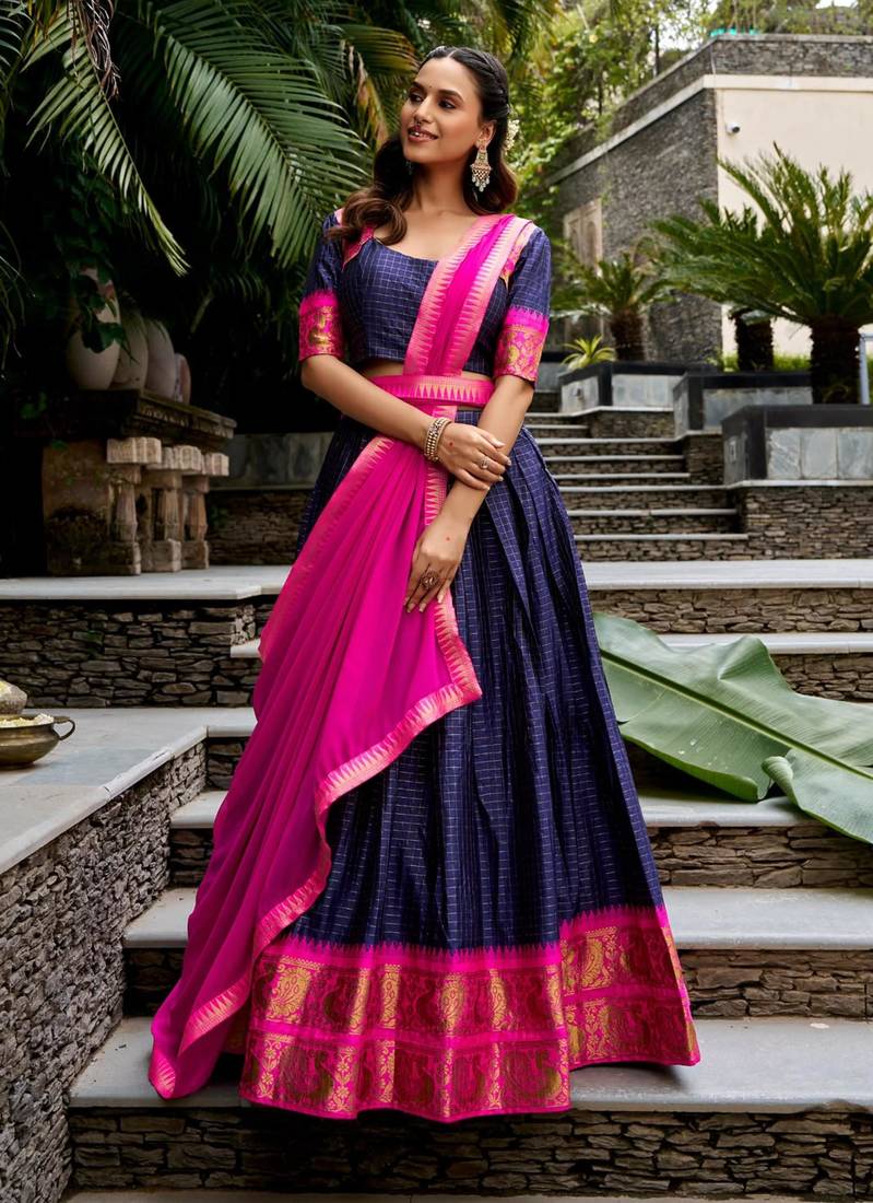 navy blue cotton poly woven traditional lehenga choli