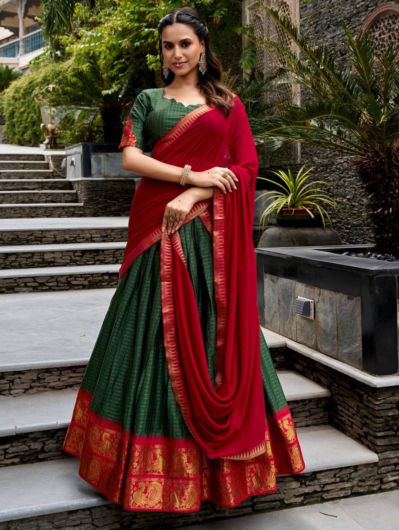 dark green cotton poly woven traditional lehenga choli
