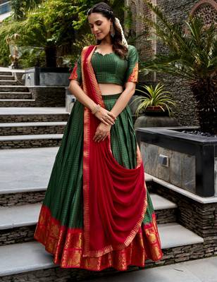 dark green cotton poly woven traditional lehenga choli 2