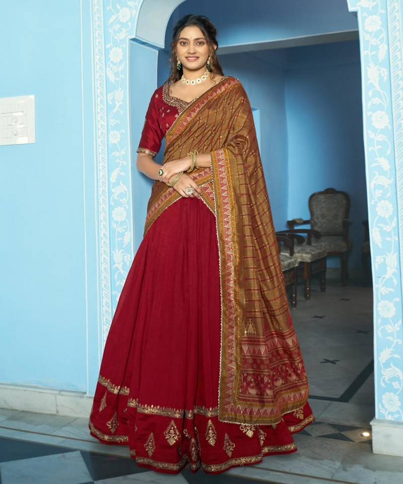 maroon silk blend embroidered traditional lehenga choli